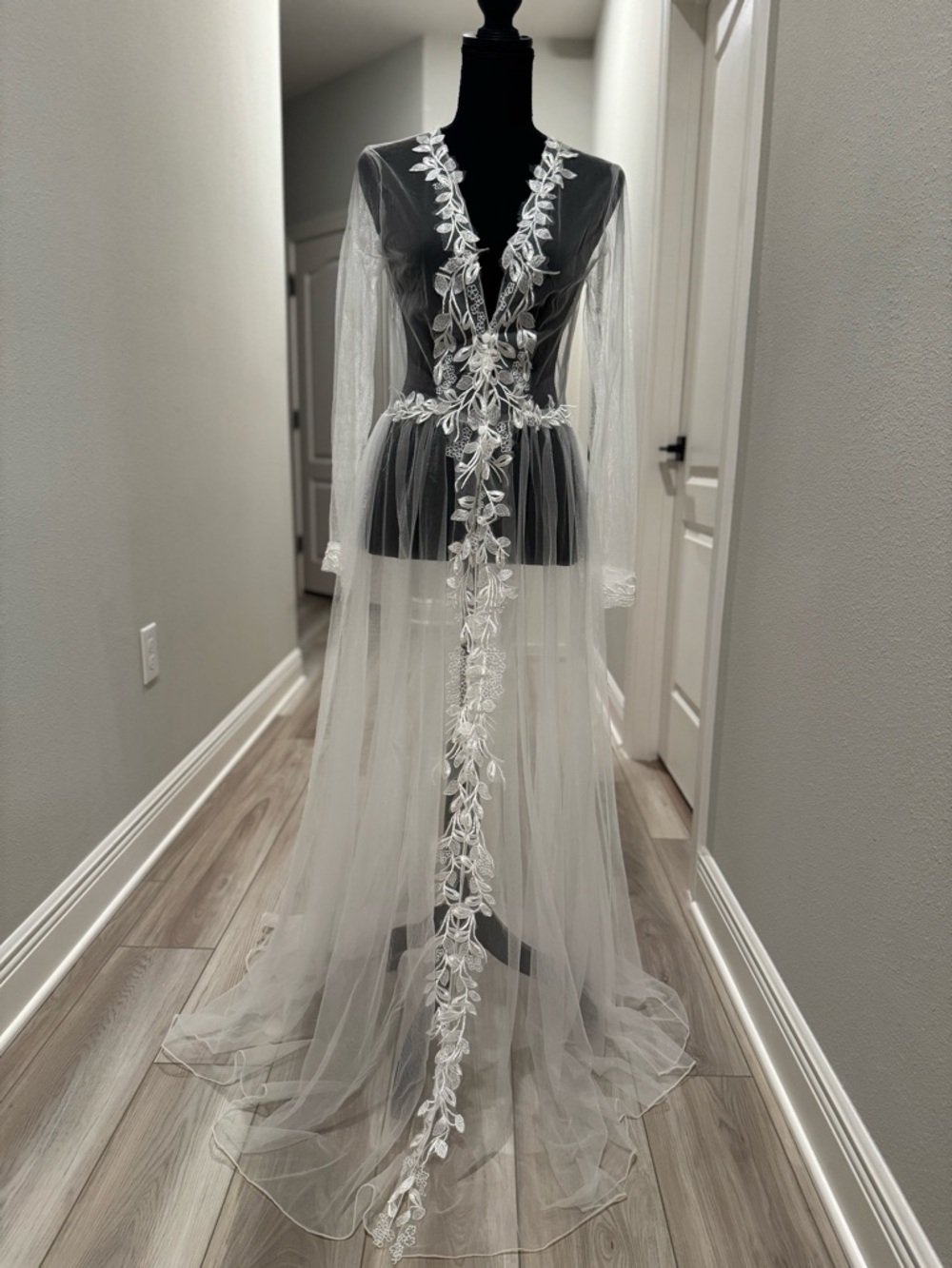 Sheer White Embroidered Tulle Robe with Leaf Appliqué